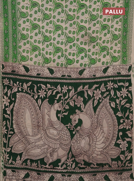Kalamkari semi silk saree beige and green with allover butta prints and printed border