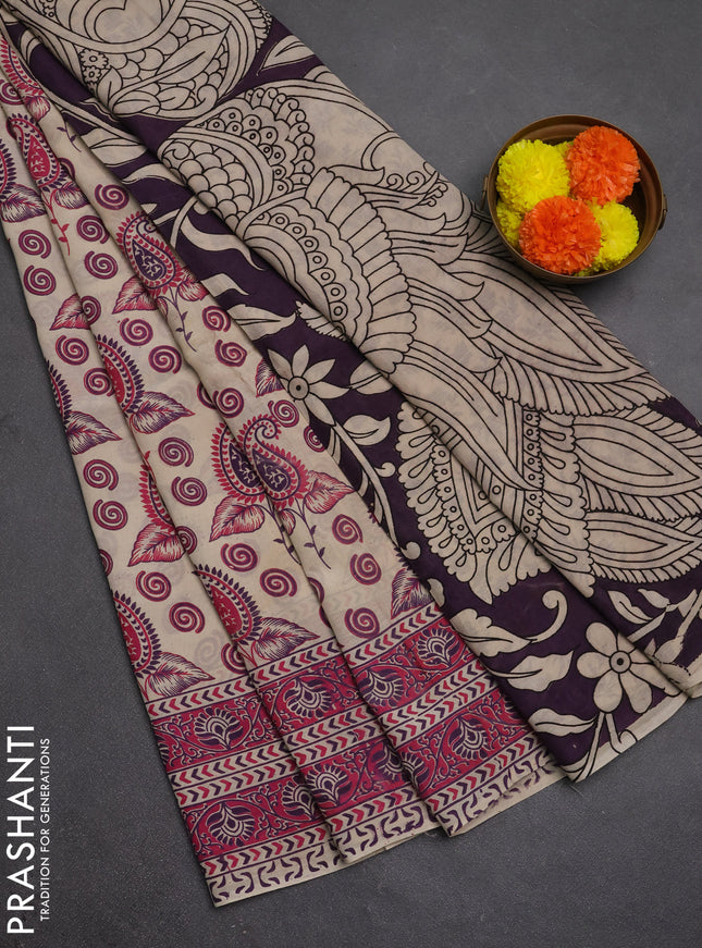 Kalamkari semi silk saree beige and pink with allover butta prints and printed border