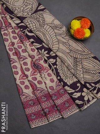 Kalamkari semi silk saree beige and pink with allover butta prints and printed border