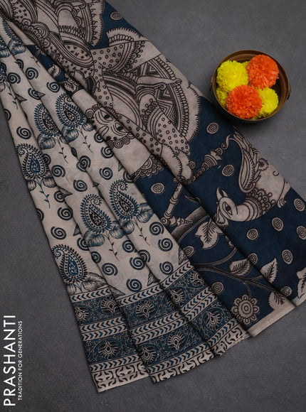 Kalamkari semi silk saree beige and peacock blue with allover butta prints and printed border