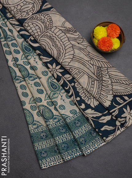 Kalamkari semi silk saree beige and green with allover butta prints and printed border