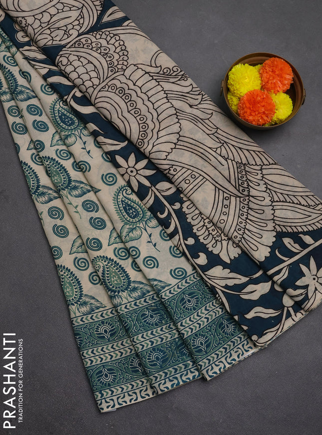 Kalamkari semi silk saree beige and green with allover butta prints and printed border