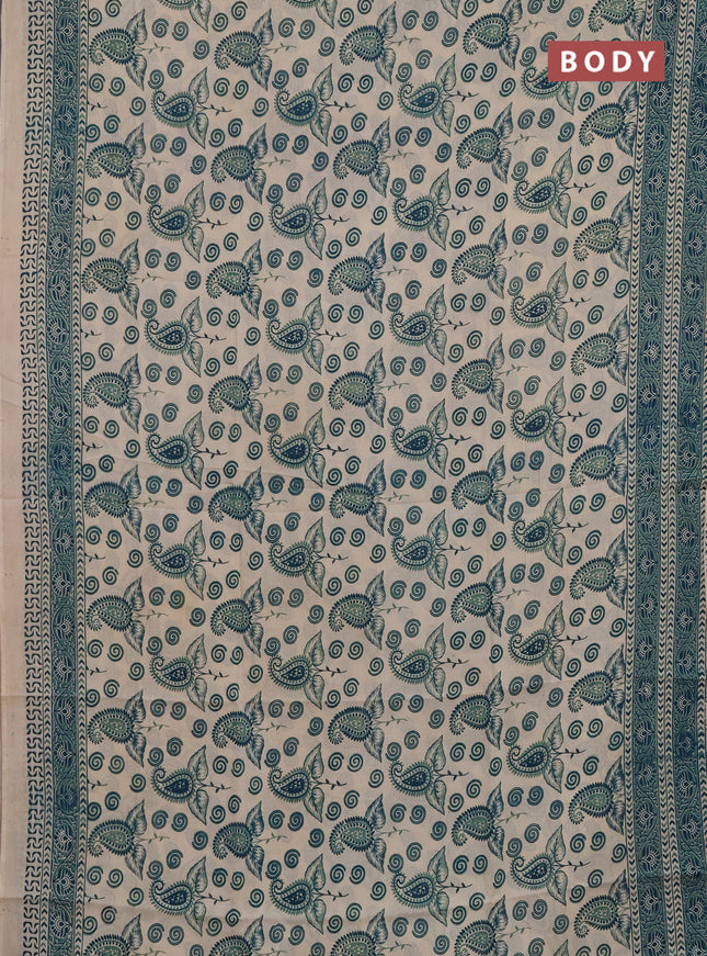 Kalamkari semi silk saree beige and green with allover butta prints and printed border
