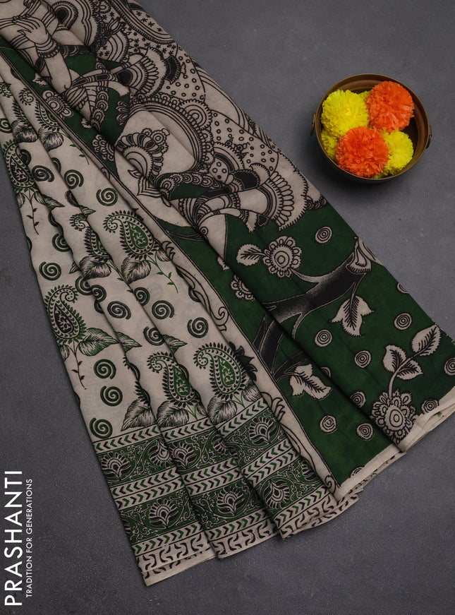 Kalamkari semi silk saree beige and green with allover butta prints and printed border