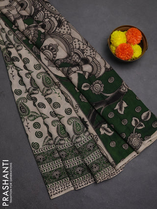 Kalamkari semi silk saree beige and green with allover butta prints and printed border
