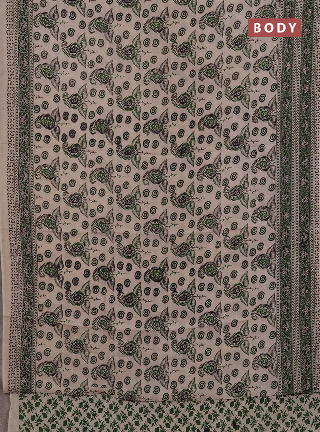 Kalamkari semi silk saree beige and green with allover butta prints and printed border