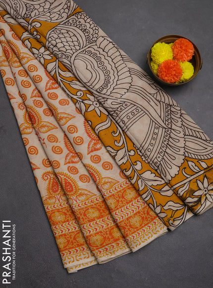 Kalamkari semi silk saree beige and mustard yellow with allover butta prints and printed border