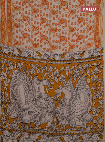 Kalamkari semi silk saree beige and mustard yellow with allover butta prints and printed border