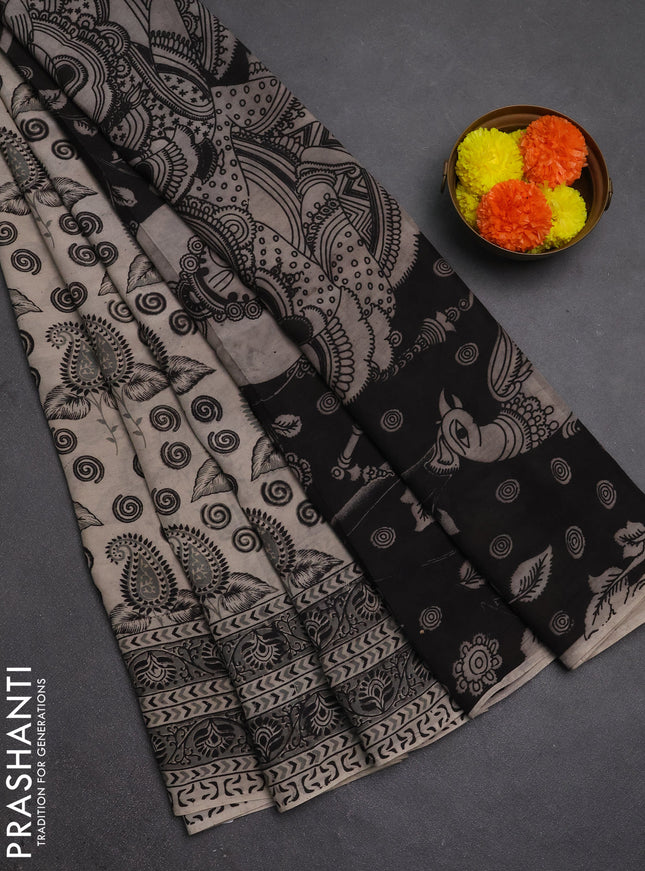 Kalamkari semi silk saree beige and grey with allover butta prints and printed border