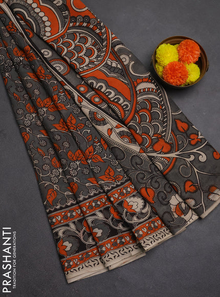 Kalamkari semi silk saree grey and orange with allover prints and printed border