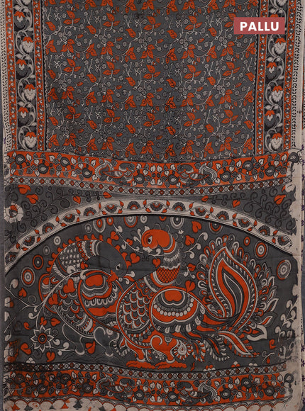 Kalamkari semi silk saree grey and orange with allover prints and printed border
