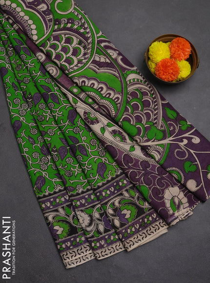 Kalamkari semi silk saree green and lavender with allover prints and printed border