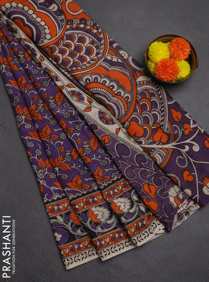 Kalamkari semi silk saree lavender and orange with allover prints and printed border