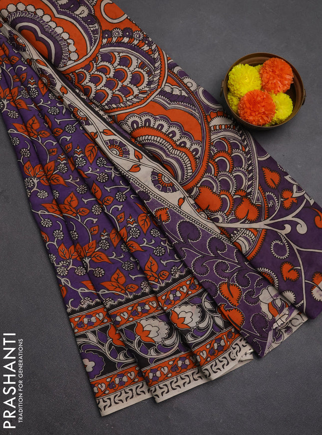 Kalamkari semi silk saree lavender and orange with allover prints and printed border