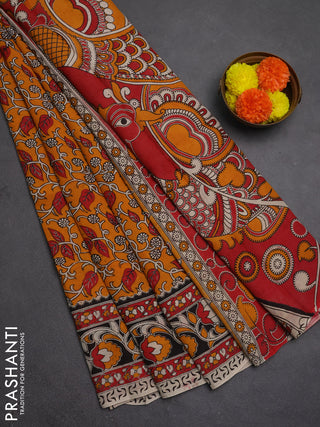 Kalamkari semi silk saree mustard yellow and black with allover prints and printed border
