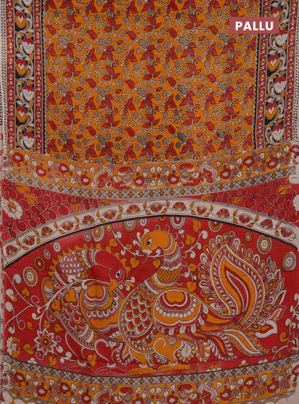 Kalamkari semi silk saree mustard yellow and black with allover prints and printed border