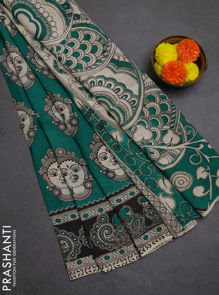 Kalamkari semi silk saree green and black with allover butta prints and printed border