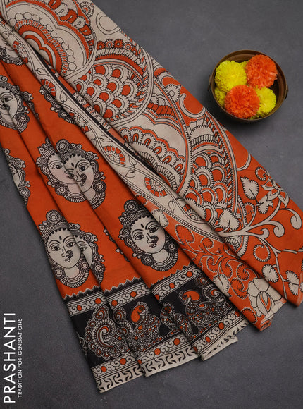 Kalamkari semi silk saree orange and black with allover butta prints and printed border
