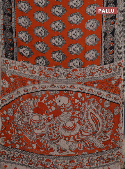 Kalamkari semi silk saree orange and black with allover butta prints and printed border