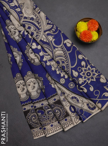 Kalamkari semi silk saree blue and black with allover butta prints and printed border