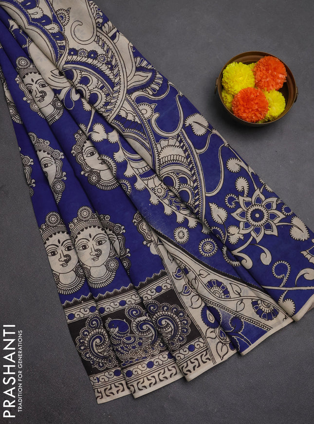 Kalamkari semi silk saree blue and black with allover butta prints and printed border