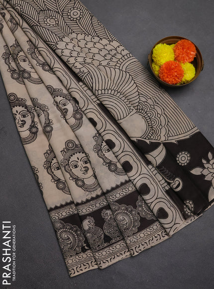 Kalamkari semi silk saree beige and black with allover butta prints and printed border