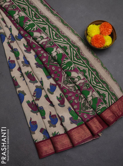 Kalamkari semi silk saree beige  and magenta pink with allover butta prints and mangalgiri border
