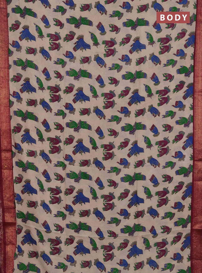 Kalamkari semi silk saree beige  and magenta pink with allover butta prints and mangalgiri border