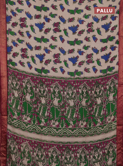 Kalamkari semi silk saree beige  and magenta pink with allover butta prints and mangalgiri border