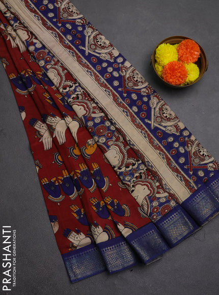 Kalamkari semi silk saree maroon and blue with allover butta prints and mangalgiri border