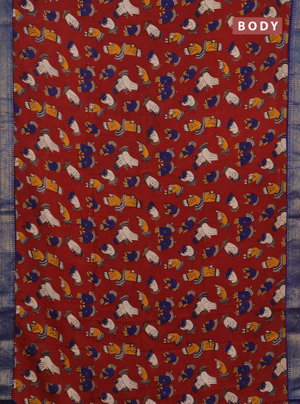 Kalamkari semi silk saree maroon and blue with allover butta prints and mangalgiri border