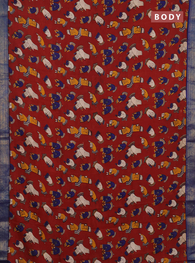 Kalamkari semi silk saree maroon and blue with allover butta prints and mangalgiri border