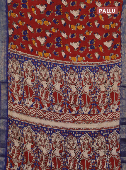 Kalamkari semi silk saree maroon and blue with allover butta prints and mangalgiri border