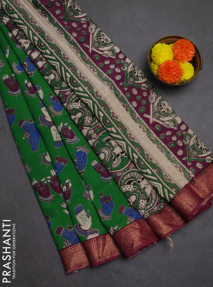 Kalamkari semi silk saree green and magenta pink with allover butta prints and mangalgiri border