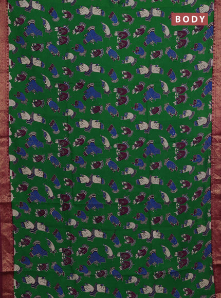 Kalamkari semi silk saree green and magenta pink with allover butta prints and mangalgiri border