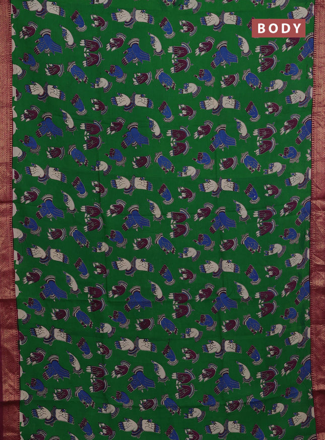 Kalamkari semi silk saree green and magenta pink with allover butta prints and mangalgiri border