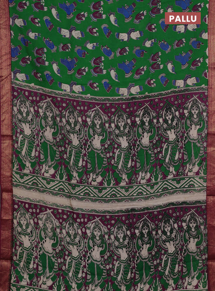 Kalamkari semi silk saree green and magenta pink with allover butta prints and mangalgiri border