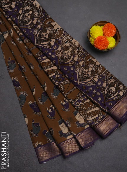 Kalamkari semi silk saree coffee brown and violet with allover butta prints and mangalgiri border