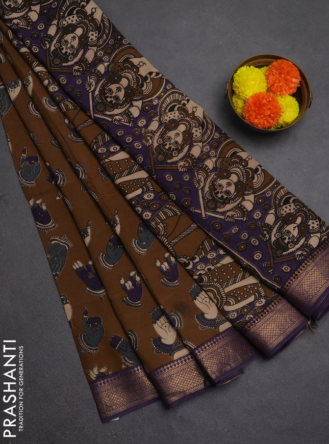 Kalamkari semi silk saree coffee brown and violet with allover butta prints and mangalgiri border