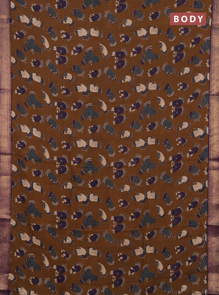 Kalamkari semi silk saree coffee brown and violet with allover butta prints and mangalgiri border