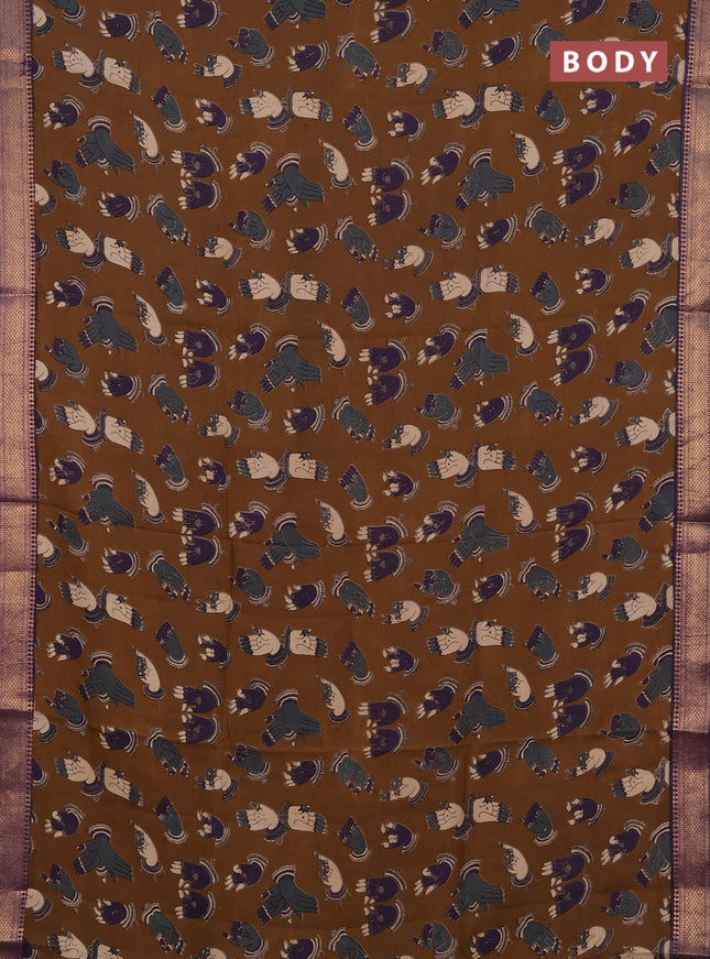 Kalamkari semi silk saree coffee brown and violet with allover butta prints and mangalgiri border