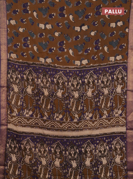 Kalamkari semi silk saree coffee brown and violet with allover butta prints and mangalgiri border