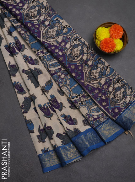 Kalamkari semi silk saree beige violet and blue with allover butta prints and mangalgiri border