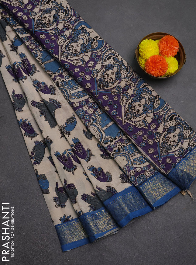 Kalamkari semi silk saree beige violet and blue with allover butta prints and mangalgiri border