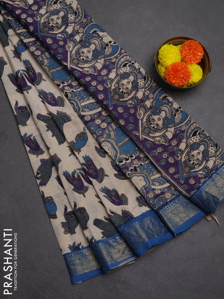 Kalamkari semi silk saree beige violet and blue with allover butta prints and mangalgiri border