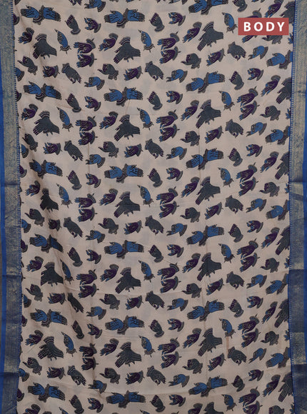 Kalamkari semi silk saree beige violet and blue with allover butta prints and mangalgiri border