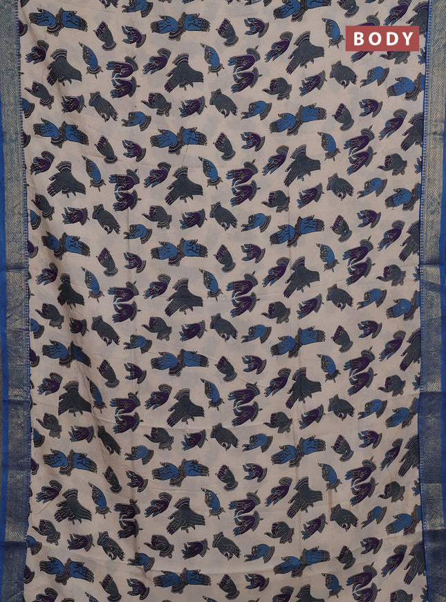 Kalamkari semi silk saree beige violet and blue with allover butta prints and mangalgiri border