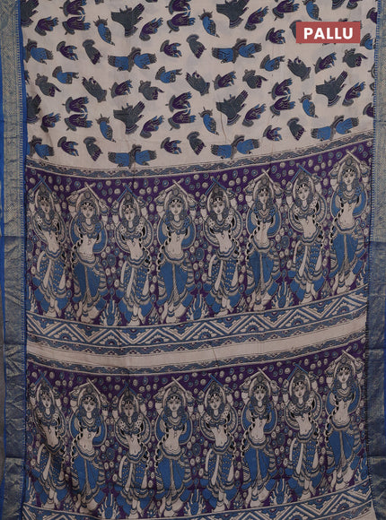 Kalamkari semi silk saree beige violet and blue with allover butta prints and mangalgiri border
