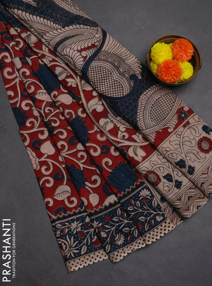 Kalamkari semi silk saree maroon and peacock blue with allover prints and printed border
