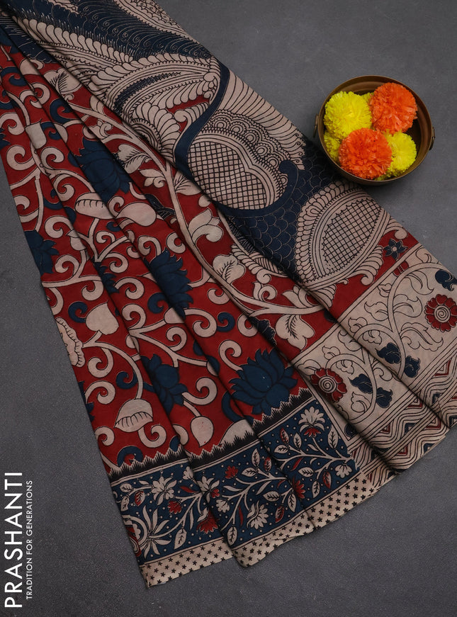 Kalamkari semi silk saree maroon and peacock blue with allover prints and printed border
